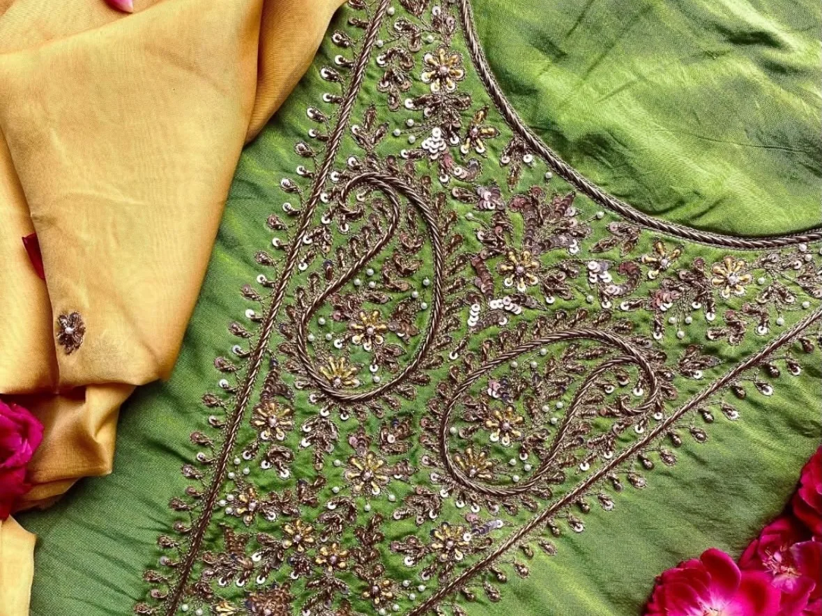 Product photography highlighting embroidery and fabric details