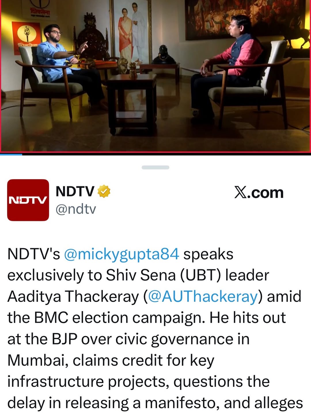 @adityathackeray speaks to @ndtv @ndtvindia @ndtvprofit ahead of the #bmcelecti…